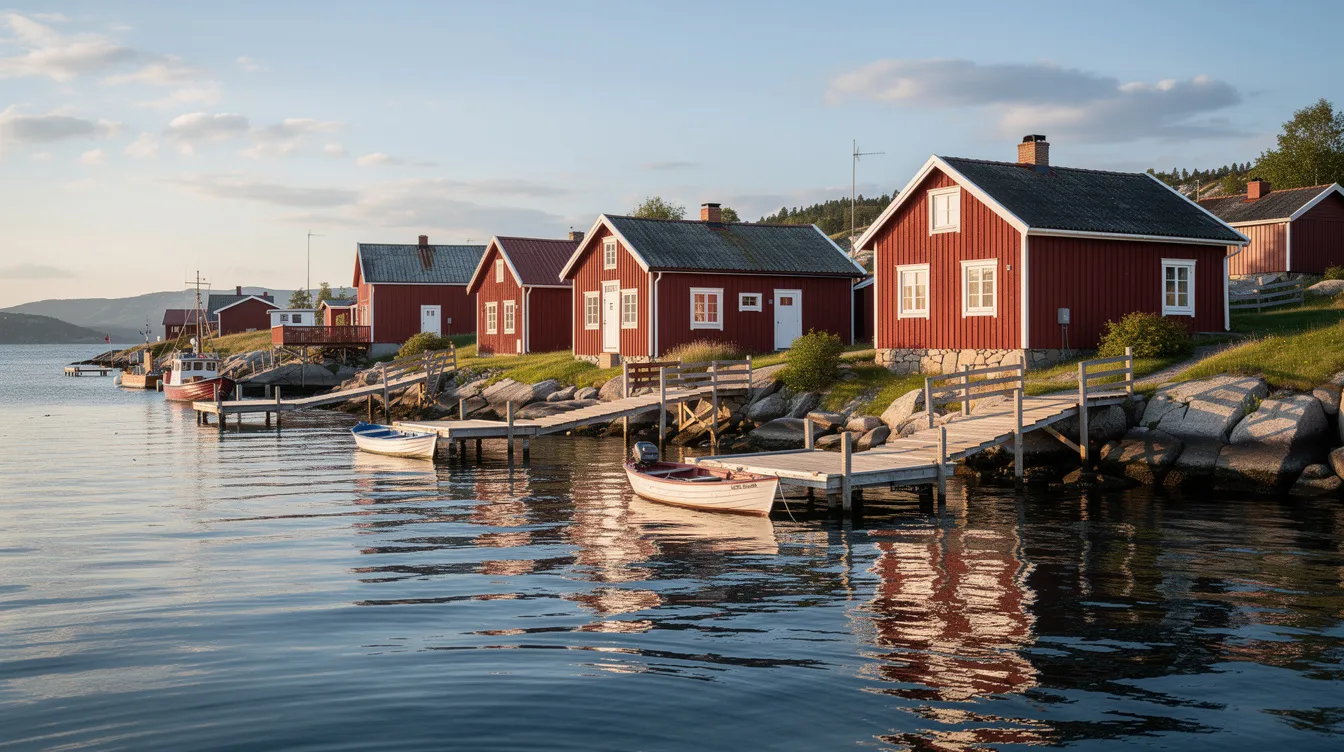 Röda trähus på Fjäderholmarna i Stockholms skärgård